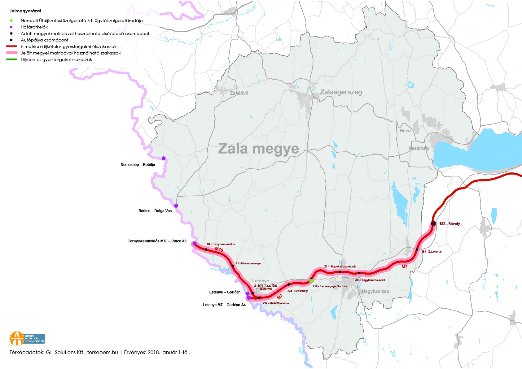 Fizetős utak térképe Zala megye